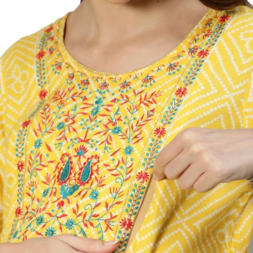 Anubhutee Women's Cotton Knee-Length Ethnic Motifs Maternity A-Line Midi Yellow Dress | Swadesiicart