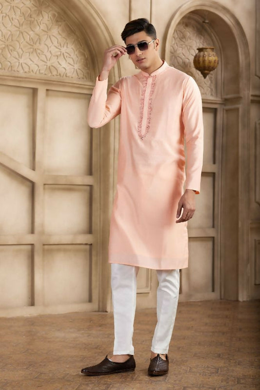 Raivat Ethnic Banarasi Art Silk Mirror Work Kurta Pajama In Pink Colour | Swadesiicart