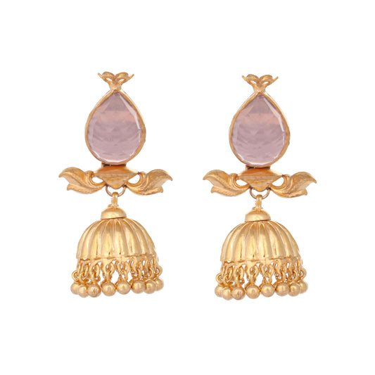 Nuyug 22K Gold Plated Rose Quartz Stone Studded Ethnic Jhumkas | Swadesiicart