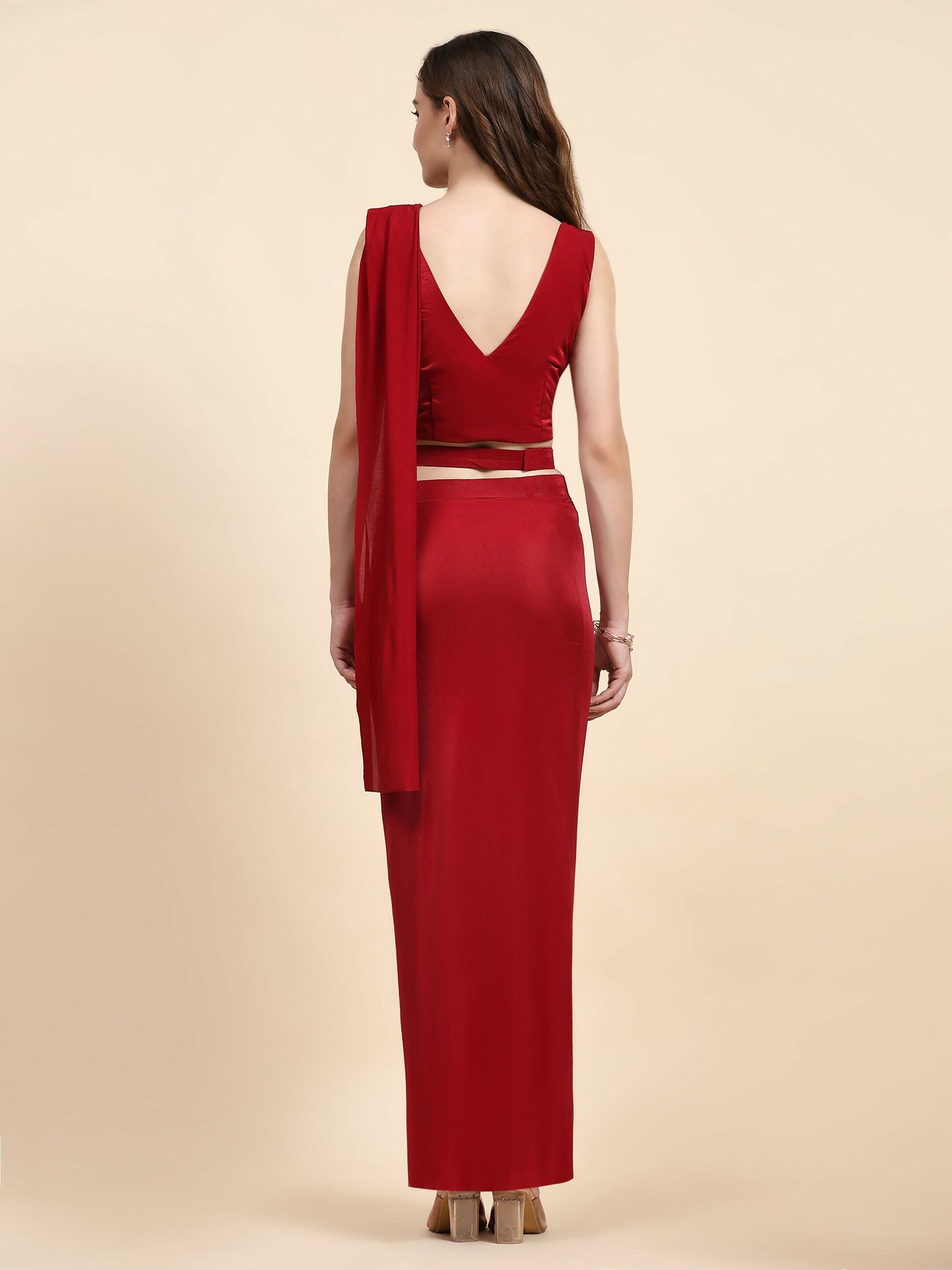 Red Imported Crystle Solid Ready to Wear Saree with stitched Blouse - Nita | Swadesiicart