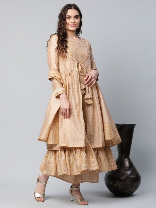 Ahalyaa Womens Beige Chanderi Kurta Palazzo Set with Dupatta | Swadesiicart