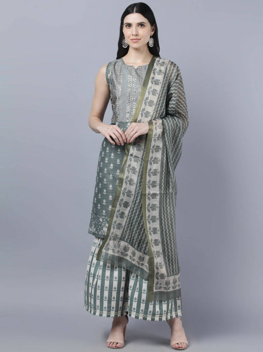 Myshka Women Grey Ethnic Motifs Printed Kurta with Shararas With Dupatta Set | Swadesiicart