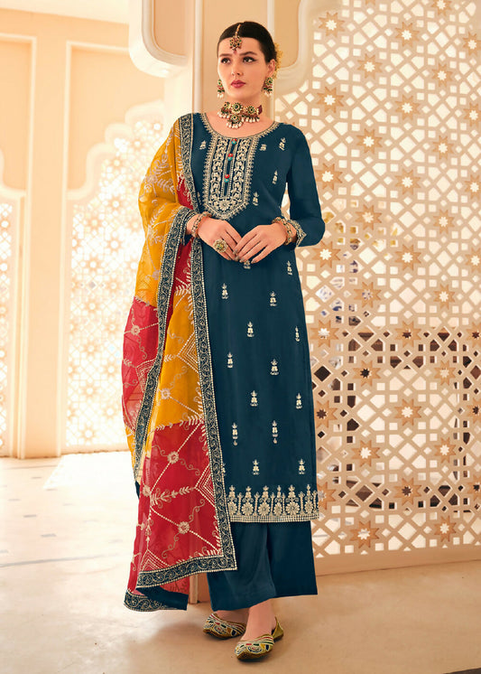 Dazzling Teal Embroidered Chinnon Palazzo Salwar Kurta - Emponline | Swadesiicart