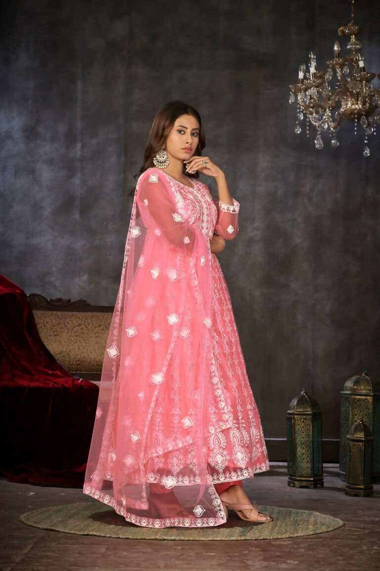 Jyoti Fashion Women's Baby Pink Net Embroidered Anarkali Kurta Pant Set With Dupatta | Swadesiicart