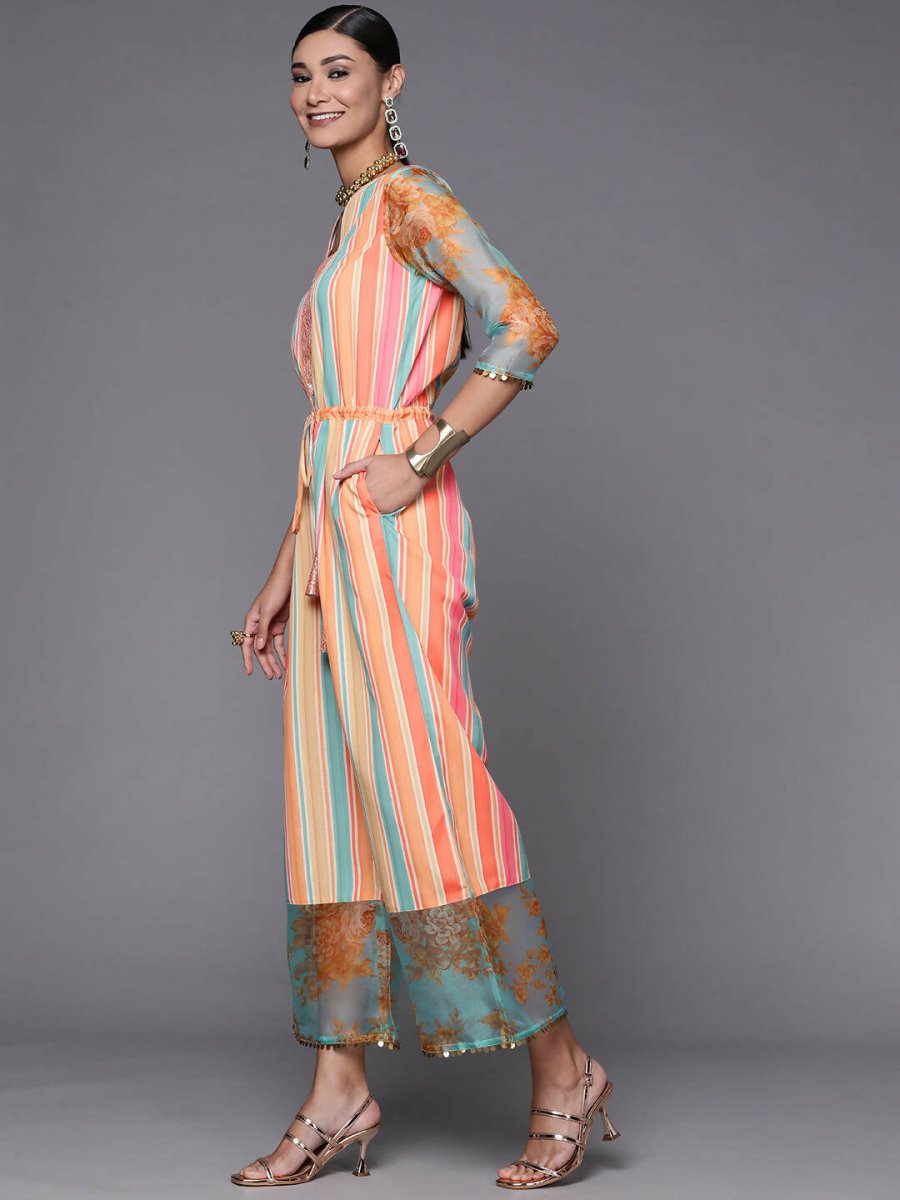 Ahalyaa Coral Orange & Blue Candy Striped Basic Jumpsuit - Swadesiicart