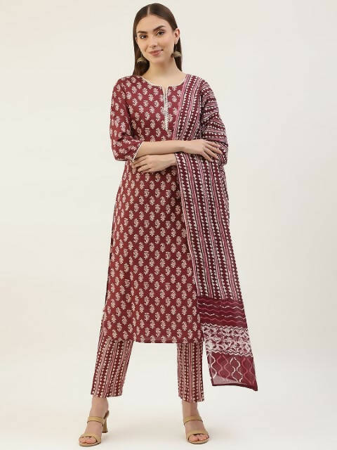 FIORRA Women's Maroon Cotton Straight Kurta Pant With Dupatta - Swadesiicart