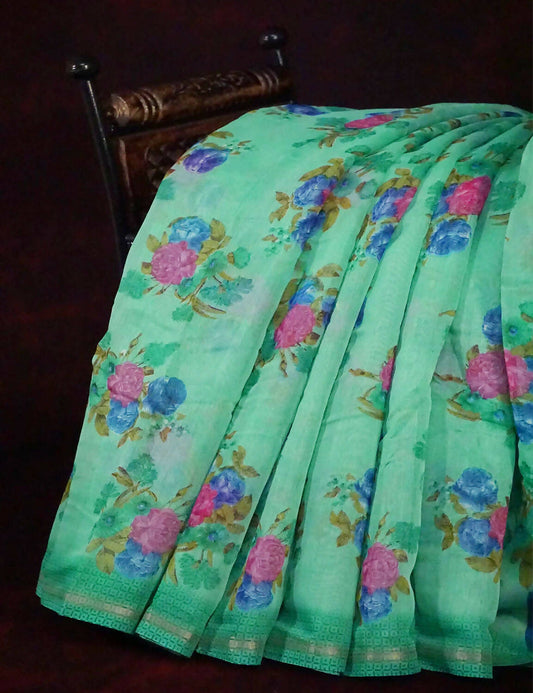 Rama Green Floral Design Semi Chanderi Saree By Gayathri Reddy Designer Studio | Swadesiicart