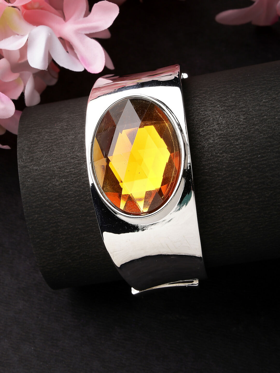 NVR Women Silver-Toned Topaz Rhodium-Plated Kada Bracelet - Swadesiicart