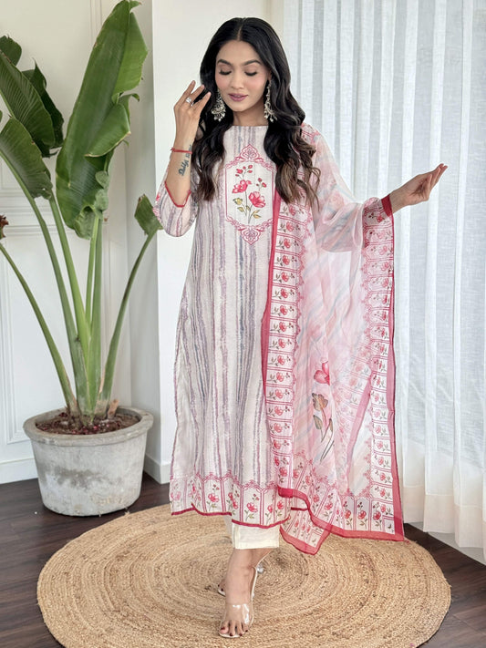White Multi Viscose Chanderi Stitched Suit With Dupatta - Tanisha | Swadesiicart