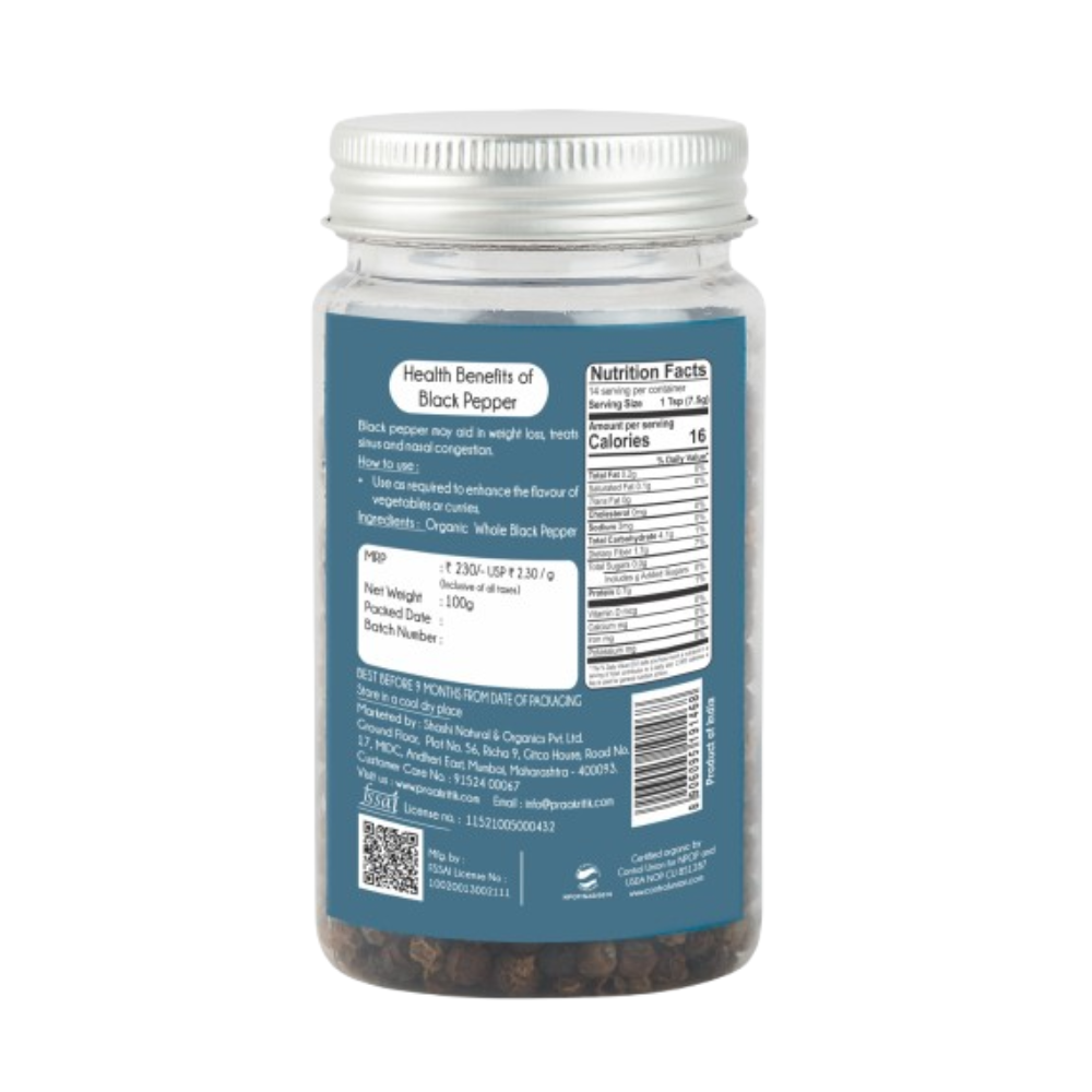 Praakritik Organic Black Pepper Whole - Swadesiicart
