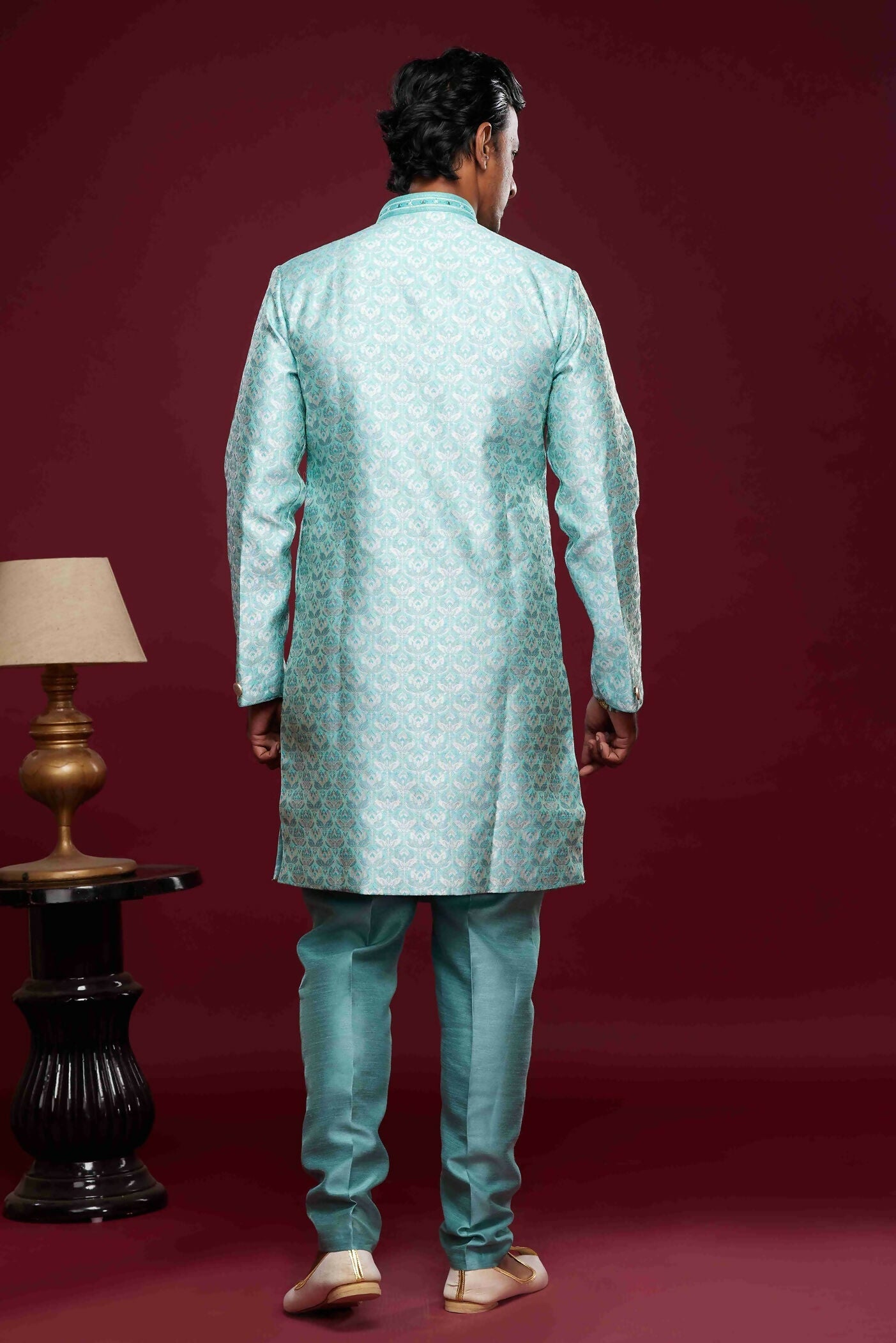 Raivat Ethnic Banarasi Jacquard Embroidery Semi Indo Western Sherwani In Sky Blue Colour | Swadesiicart