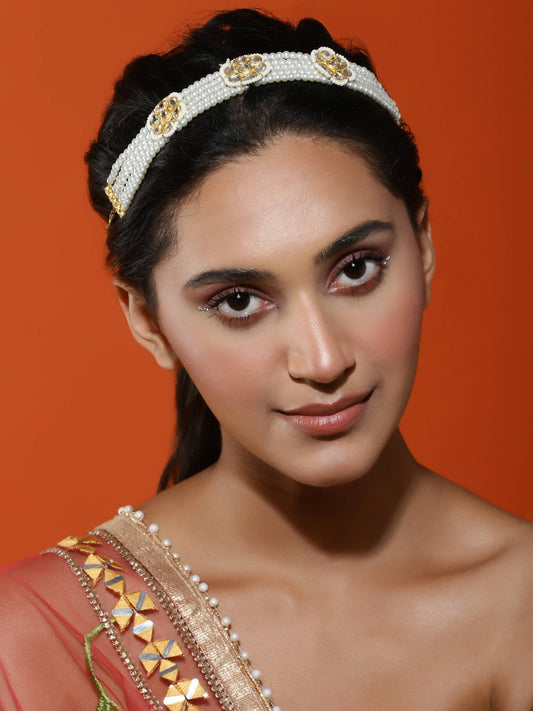 Gold-Polished White Kundan Studded Headband - Ruby Raang | Swadesiicart