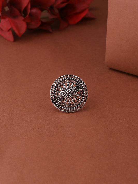 NVR Women's Oxidised Silver Plated Adjustable Finger Ring | Swadesiicart
