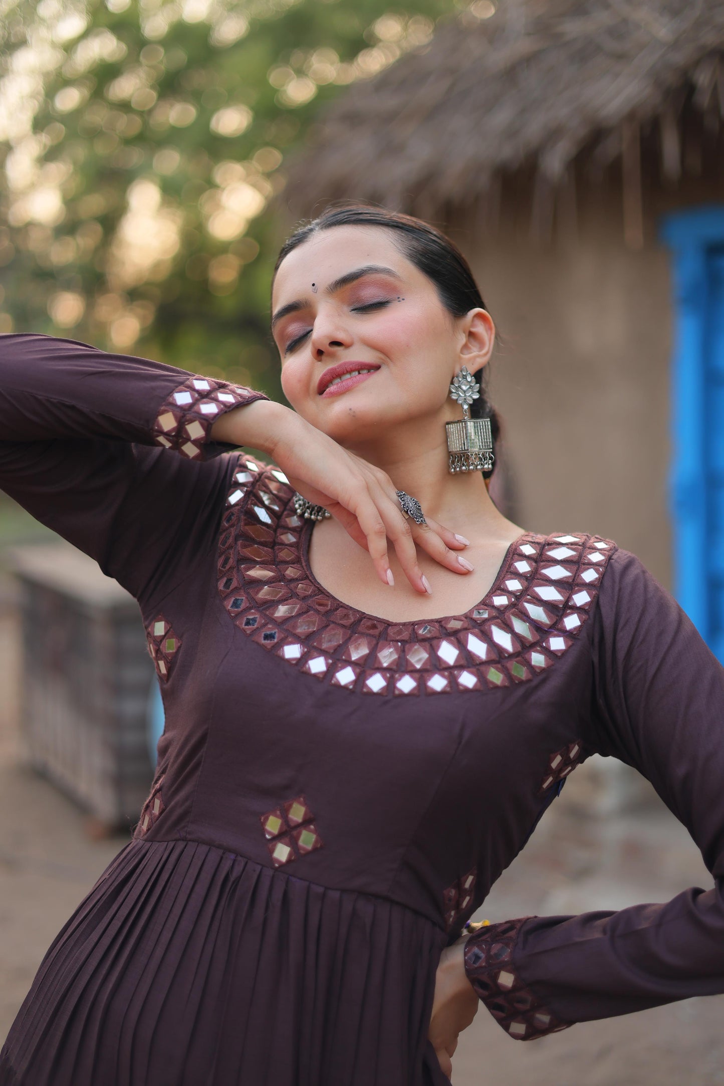 Lorenvalley Chocolate Rayon Fabric With Real Mirror Work Gown | Swadesiicart
