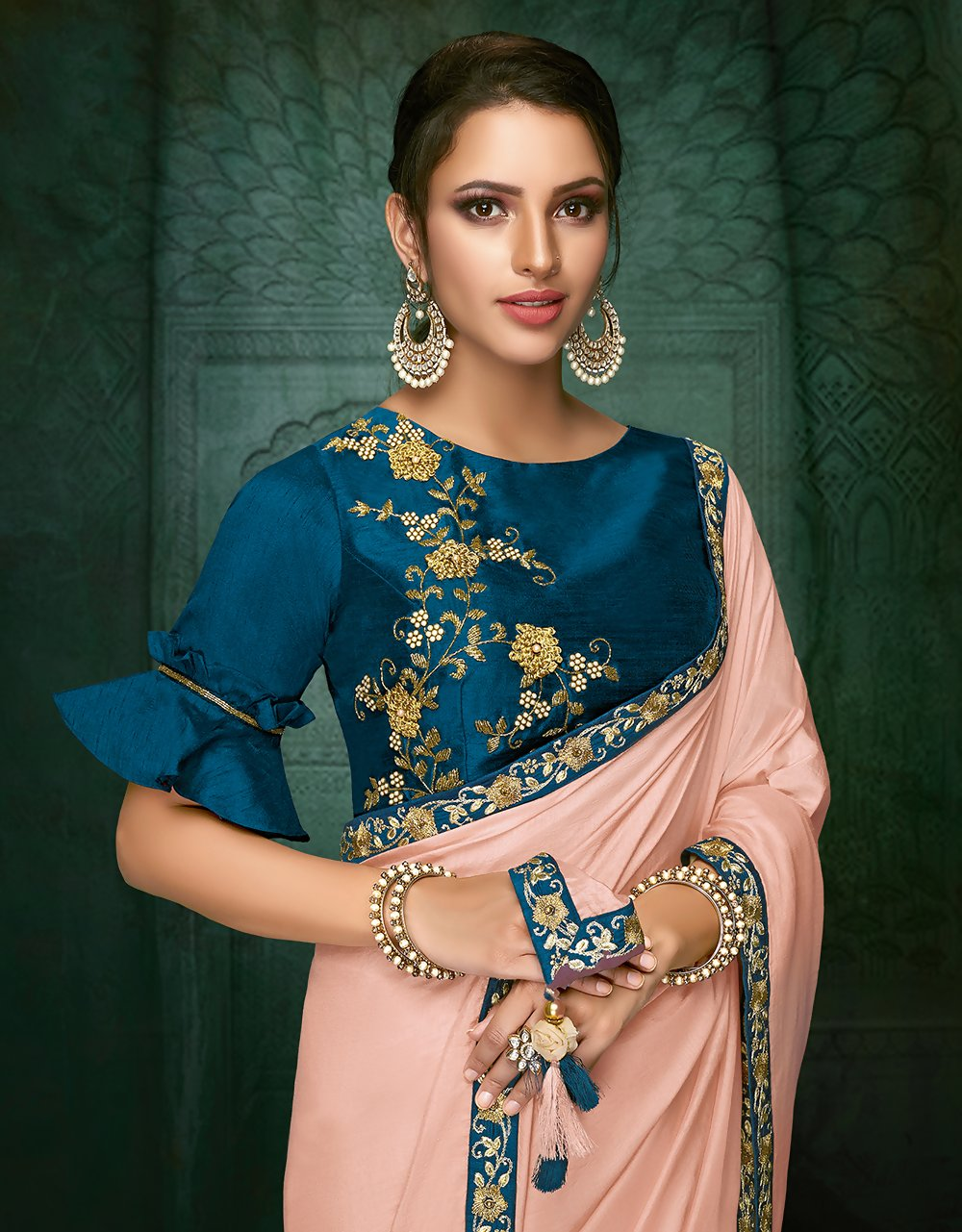 Peach Satin Silkzari And Cord Embroidery, Hand Work Saree - Norita Hit - Swadesiicart