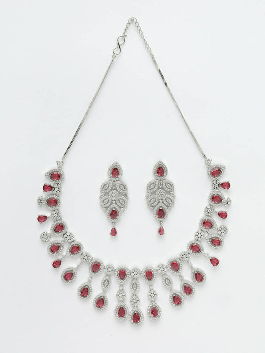 NVR Women Silver Plated & Maroon Cz Stone Handcrafted Jewellery Set - Swadesiicart