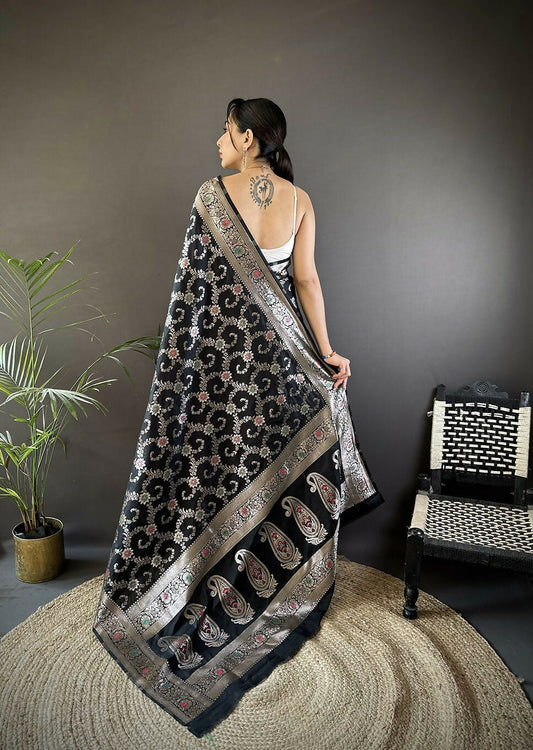 Joban Fashion Black Meenakari Banarasi Silk Sarees | Swadesiicart