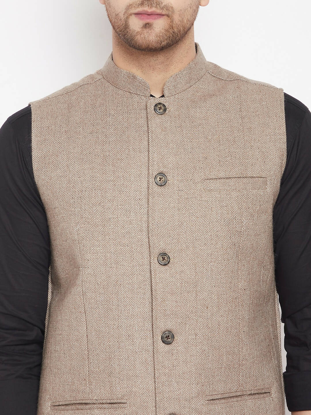 Even Apparels Beige Wool Men Woven Nehru Jacket | Swadesiicart