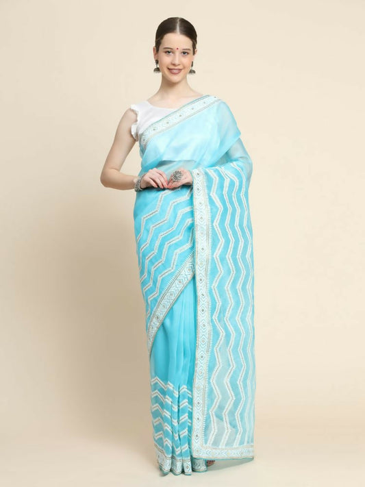 Vamsee Banno Lehriya Sky Organza Saree - Swadesiicart