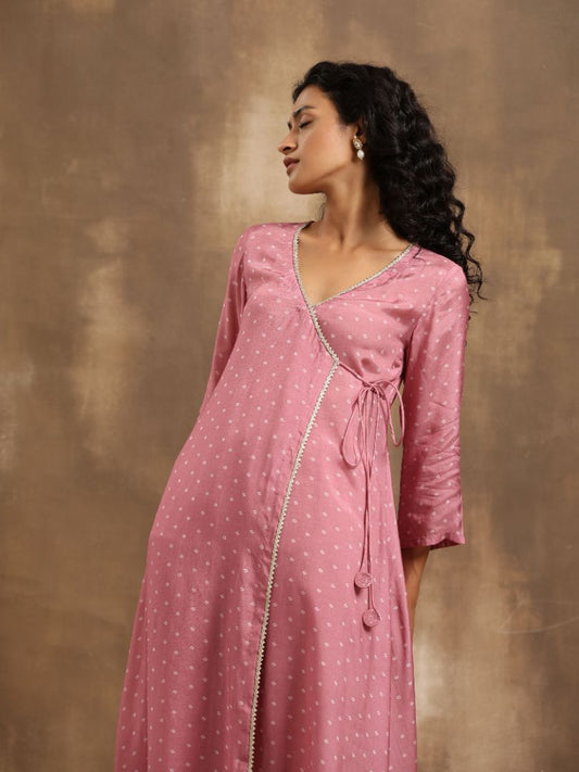 trueBrowns Light Mauve Bandhani Printed Silk Angrakha Kurta Pant Set | Swadesiicart