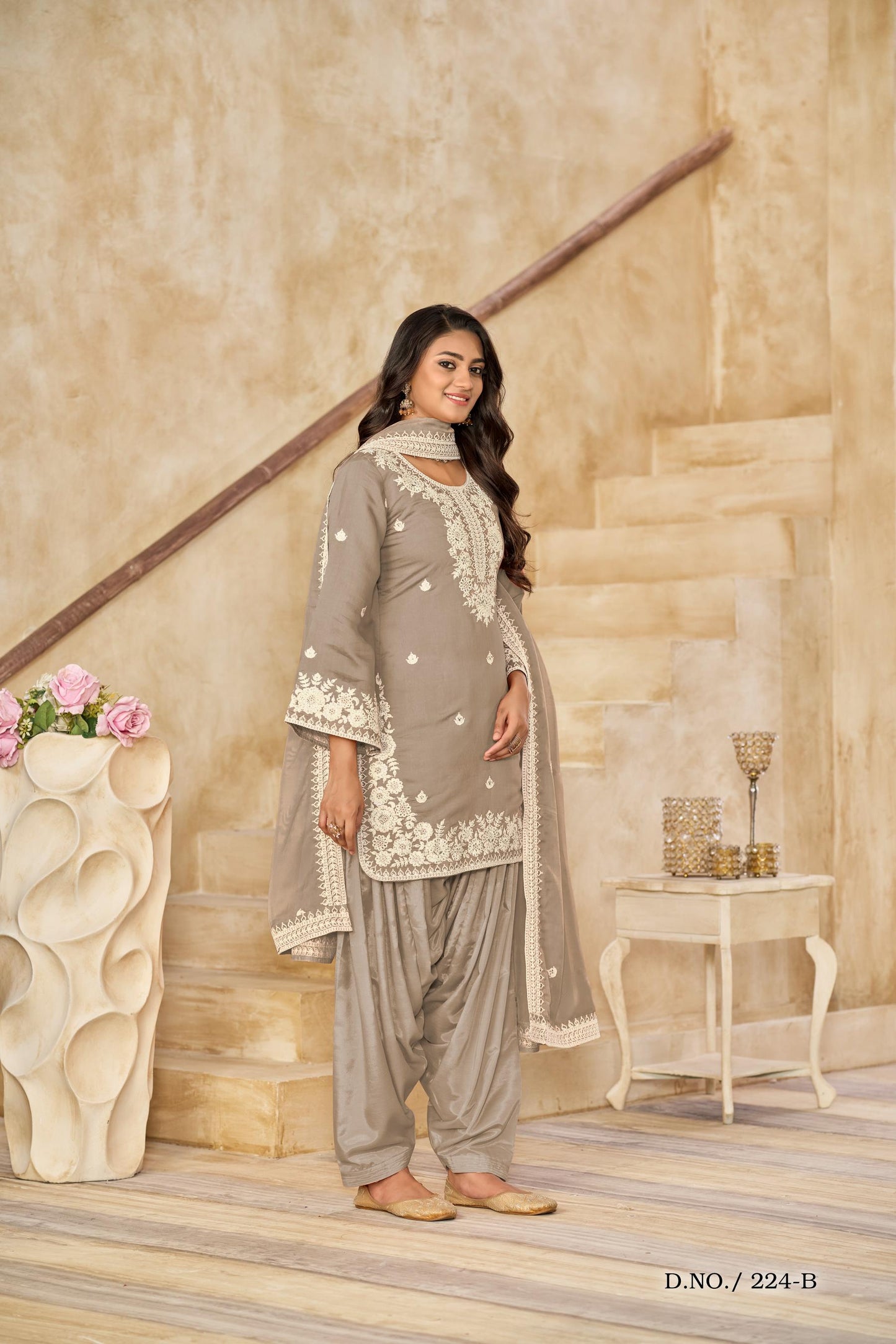 Anaita Beige Premium Thread Embroidered Roman Silk Salwar Suit