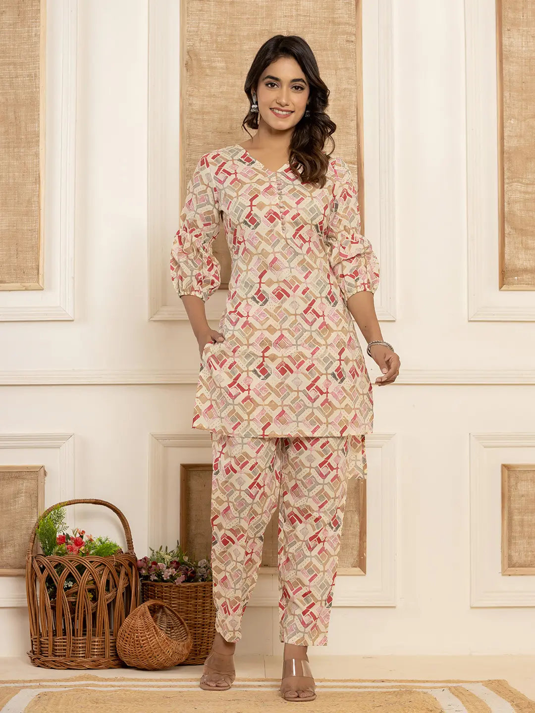 Yufta Cotton Cream Geometric Print Co-Ord Set - Swadesiicart