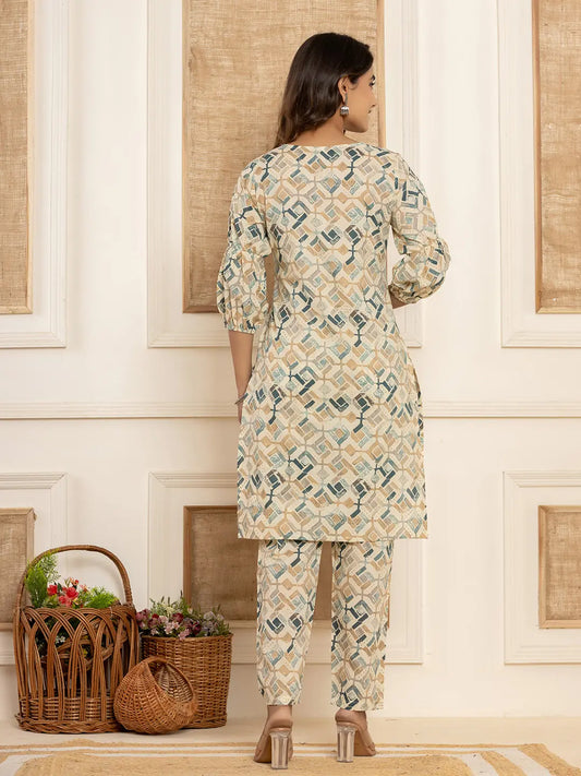 Yufta Cotton Grey Geometric Prin Co-Ord Set - Swadesiicart