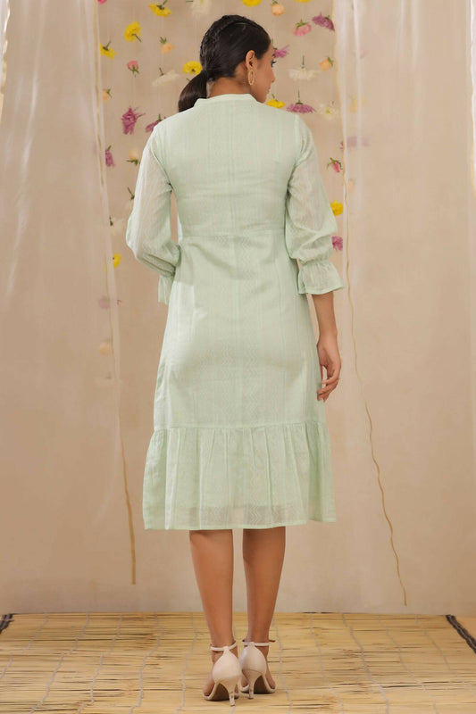 Juniper Women Sagegreen Cotton Dobby Woven Design A-Line Dress | Swadesiicart