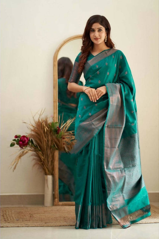 DEIANA'S Beautiful Designer Golden zari Soft Lichi Silk Saree - Rama - Swadesiicart