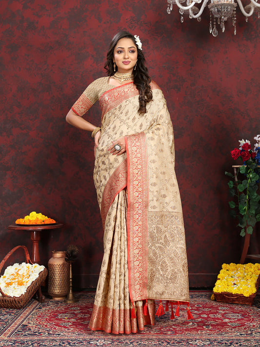 Lorenvalley Fashion Cream Soft Katan Silk Woven Design Rich Zari Weaving Pallu Saree - Swadesiicart