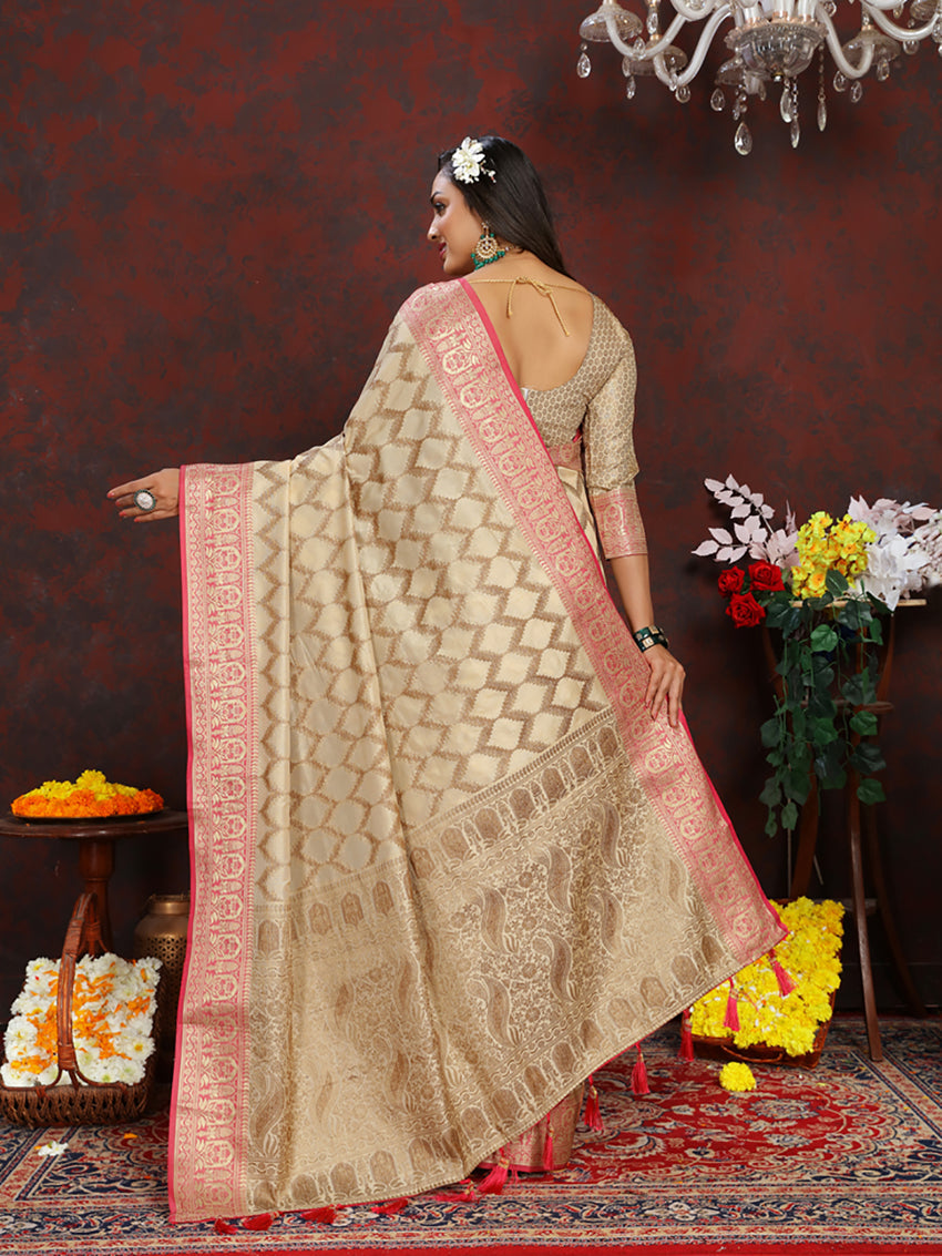 Lorenvalley Fashion Cream Soft Katan Silk Woven Design Rich Zari Weaving Pallu Saree - Swadesiicart