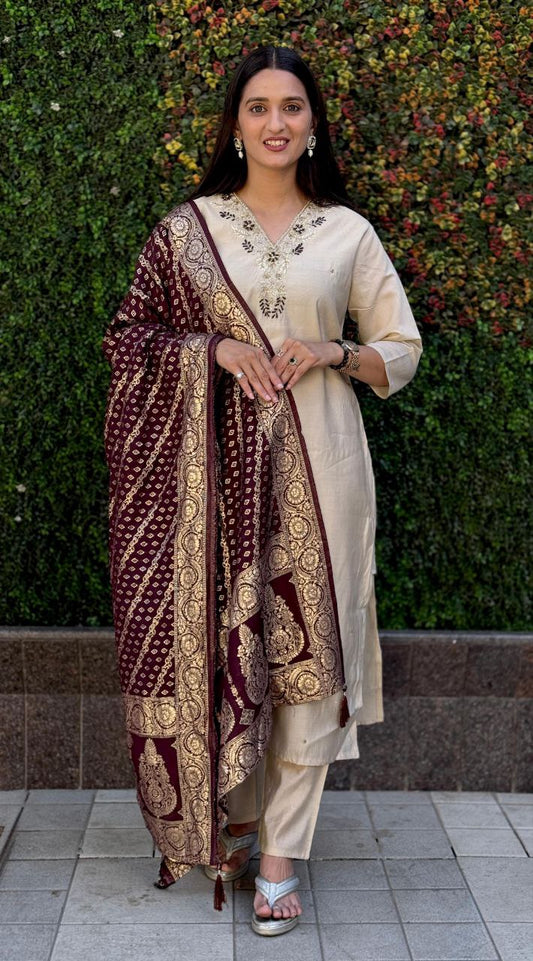 Lorenvalley Fashion Cream Roman Silk Hand Work Kurta Pant with Dupatta - Swadesiicart