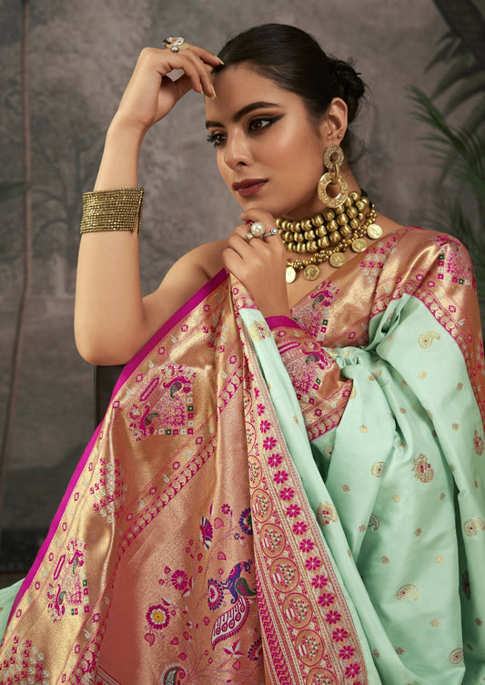 Vishnu Weaves Women's Sea-Green Paithani Silk Saree with Blouse - Swadesiicart