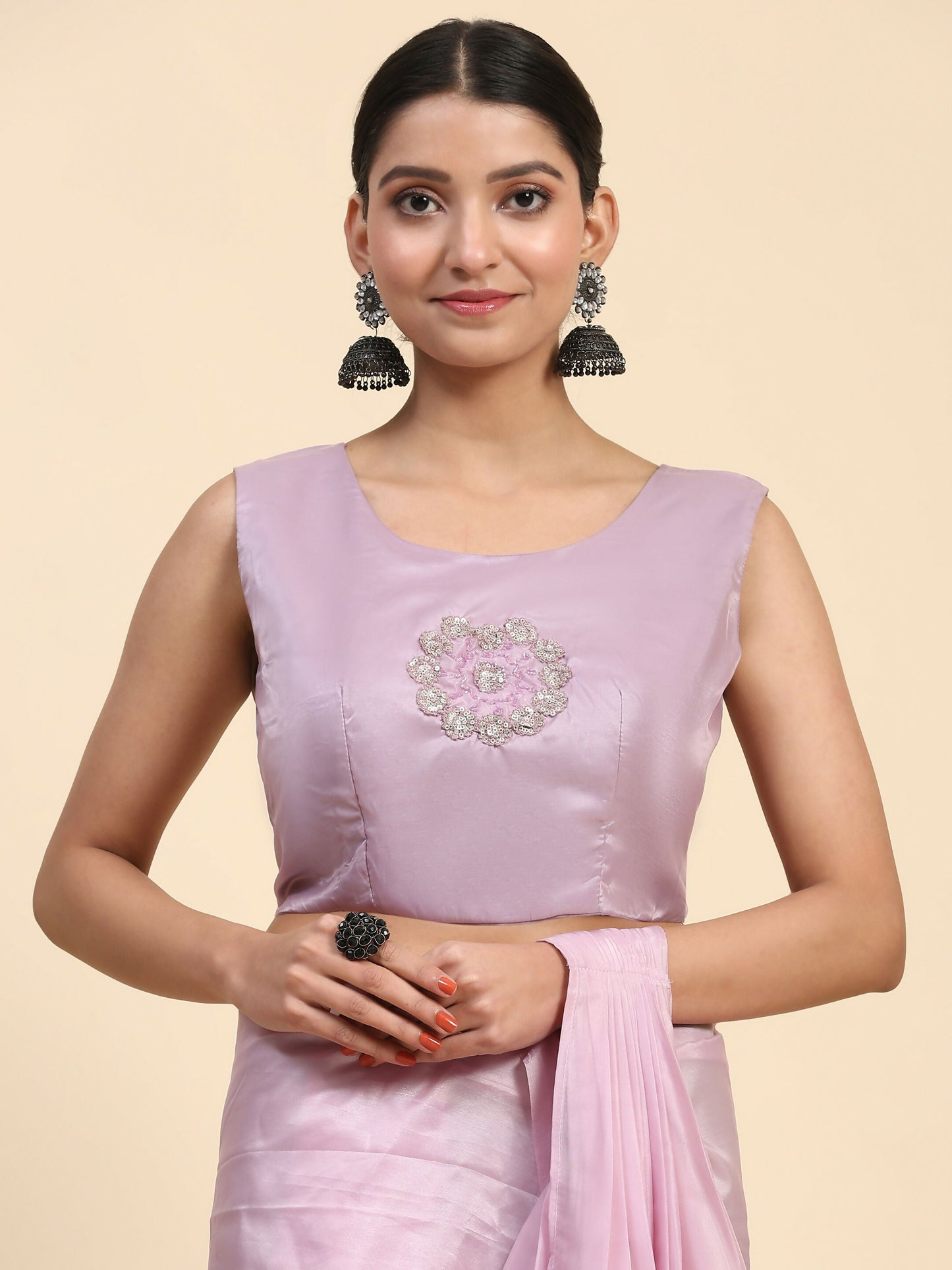 Light Lavendar Satin Solid Ready to wear Saree with stitched Blouse - Vanita | Swadesiicart