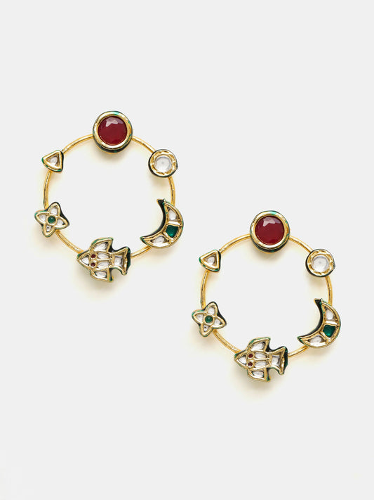 Ruby Raang Gold Polished Kundan Work Multi-Color Round Kundan Earrings | Swadesiicart