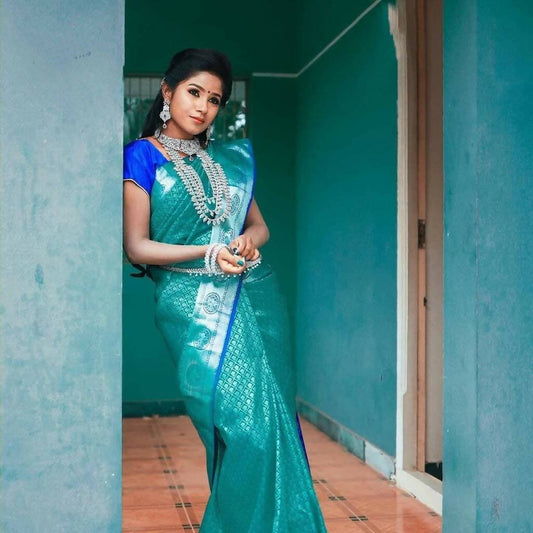 DEIANA'S Beautiful Designer Golden zari Soft Lichi Silk Saree - Sky - Swadesiicart