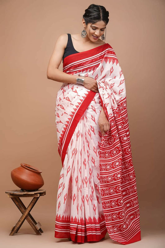 Exclusive Collection White Red Beautiful Mulmul Cotton Saree - Swadesiicart