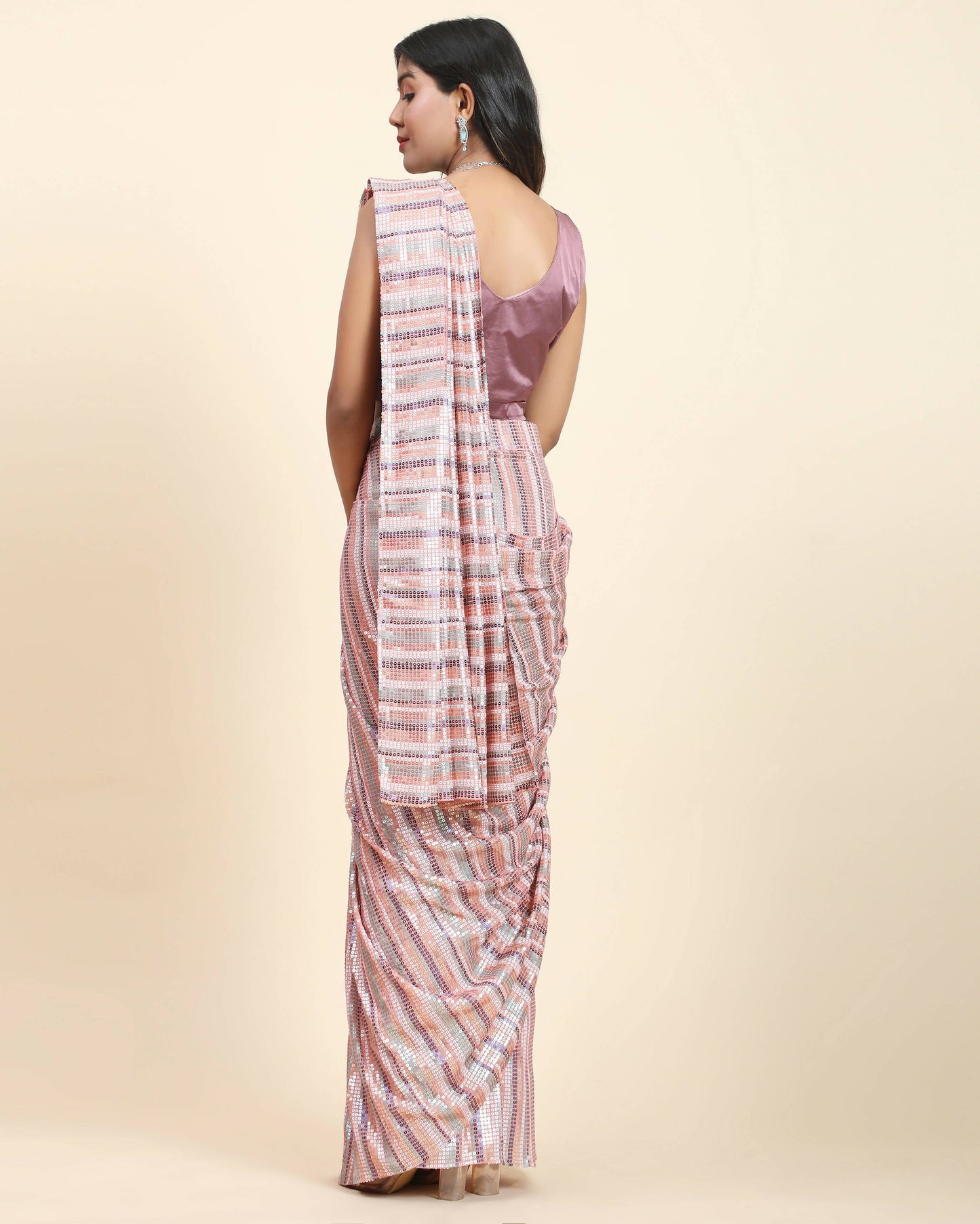 Pink Pure Georgette Sequence work Ready to wear Saree with stitched Blouse - Satiksha | Swadesiicart