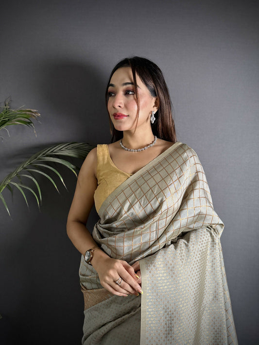 Joban Fashion Grey Banarasi Soft Lichi Silk Checks & Woven Saree | Swadesiicart