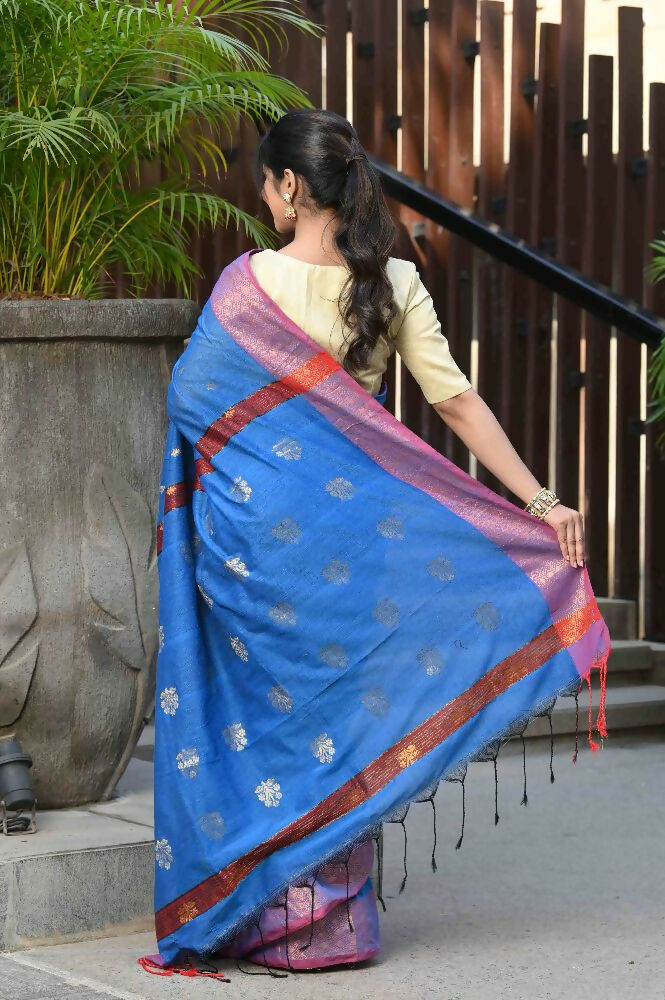 Beatitude Blue Cotton Banarasi Saree | Swadesiicart