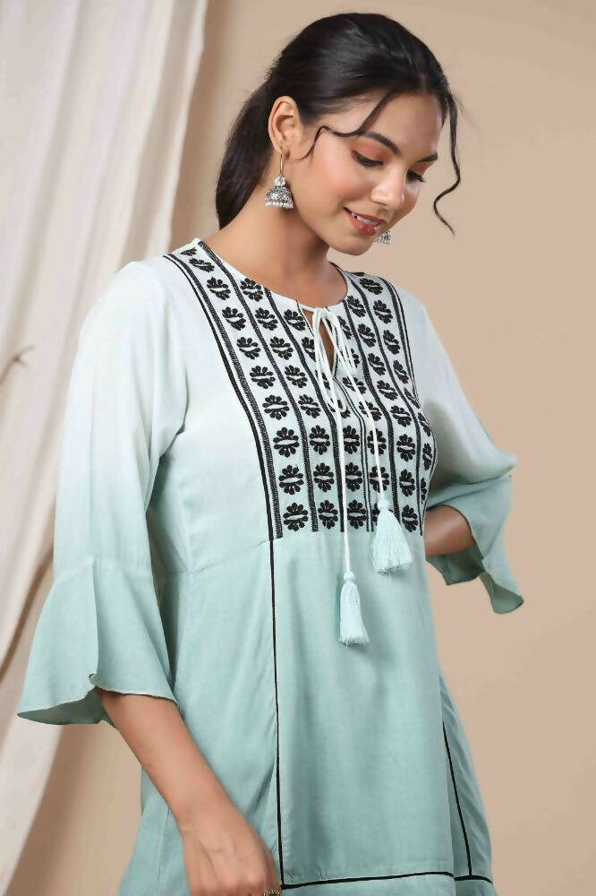 Juniper Sage Green Rayon Festive Embroidered Tiered Tunic For Women | Swadesiicart