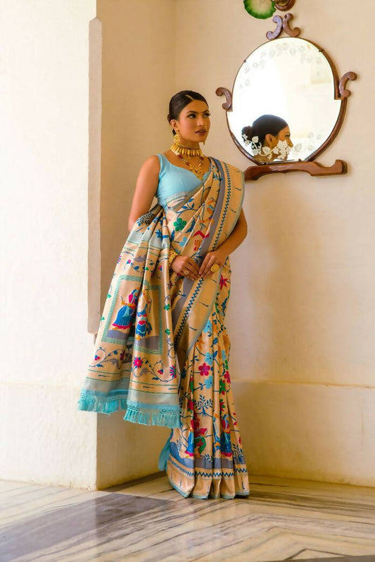 Vishnu Weaves Women's Firozi Paithani Silk Zari Woven Saree with Unstitched Blouse - Swadesiicart