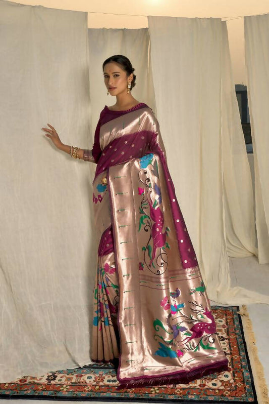 Vishnu Weaves Women's Wine Paithani Silk Zari Woven Saree with Unstitched Blouse - Swadesiicart