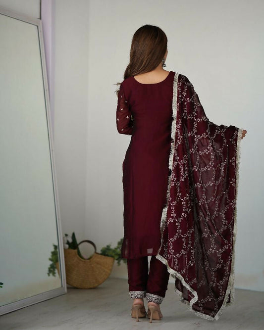 Joban Fashion Wine Kurta Set Silk Sequence Embroidery Work