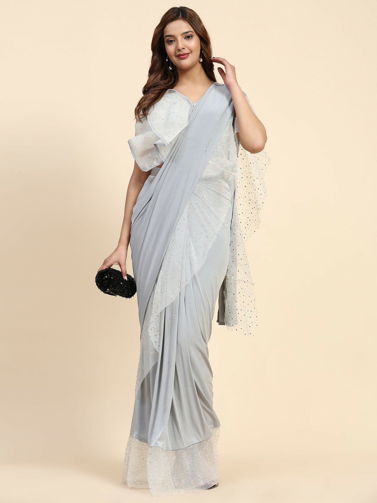 Light Grey Lycra Solid Ready to Wear Saree with stitched Blouse - Nita | Swadesiicart