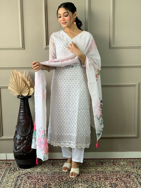 Partywear Designer Linen Cotton with cotton lining Offwhite Stitched Suit With Dupatta - Tanisha | Swadesiicart
