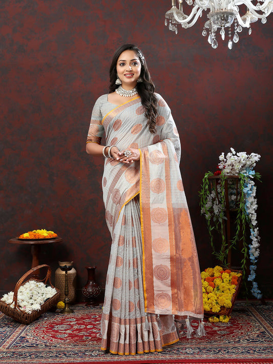 Lorenvalley Fashion Grey Cotton with Woven Design Zari Weaving Saree - Swadesiicart