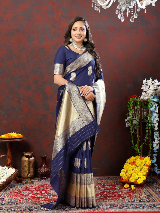 Lorenvalley Fashion Navyblue Soft Silk Woven Design Gold Zari Weaving Saree - Swadesiicart