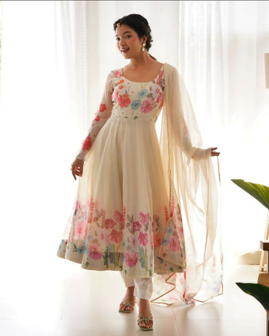 Joban Fashion Cream Kurta Set Organza Sequin Embroidery Work