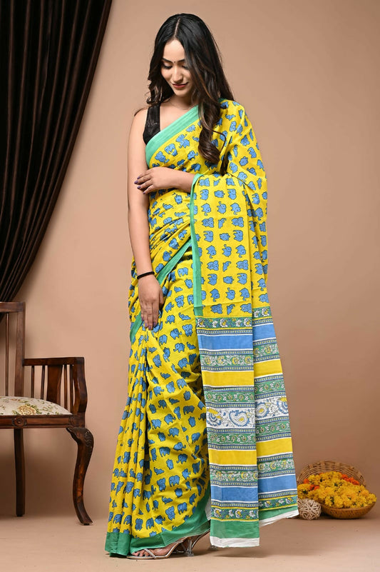 Exclusive Collection Yellow Multi Beautiful Mulmul Cotton Saree - Swadesiicart